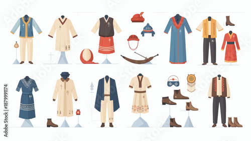 Collection of Traditional and Modern Clothing Outfits and Accessories.