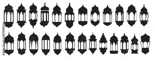 "Islamic Lantern Silhouettes – 24 Ornate Black Icons in Traditional Middle Eastern Style for Ramadan & Celebrations"