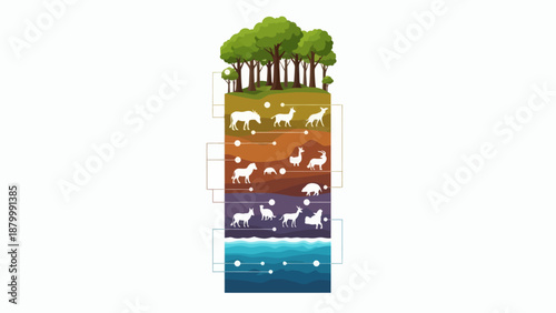 Cross section of earth layers showing different animal habitats and flora.