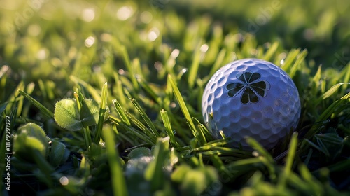 A golf ball rests amongst lush green grass with a lucky clover nearby