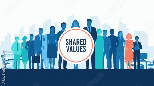 Diverse group of professionals standing together with shared values in the center.