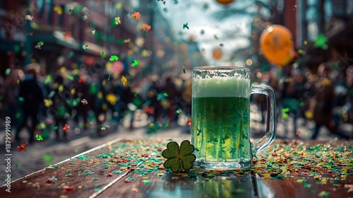 A celebratory glass of green beer amidst a vibrant st patrick s day parade