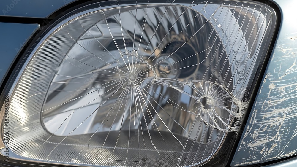 Obraz premium Closeup of a broken car headlight with cracks and damage