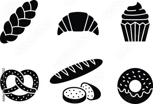 Collection of baked goods symbols showing donut pretzel and muffin