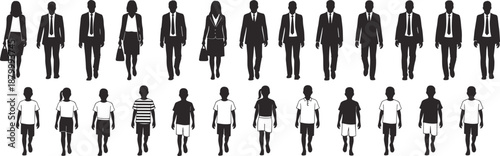 Business and casual people silhouettes, men women adults children standing collection, professional office workers, everyday lifestyle characters, human figures icons, flat design illustration