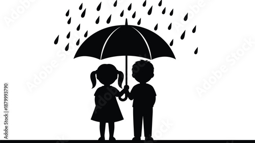 Silhouette of two children holding umbrella in rain, friendship and care concept, black and white vector illustration design