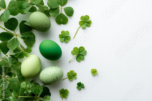 Green easter eggs clovers and foliage arranged on a white surface