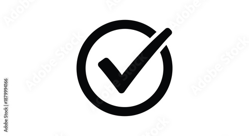 A stark black check mark within a circular frame is prominently displayed representing confirmation or approval silhouette high quality professional detailed