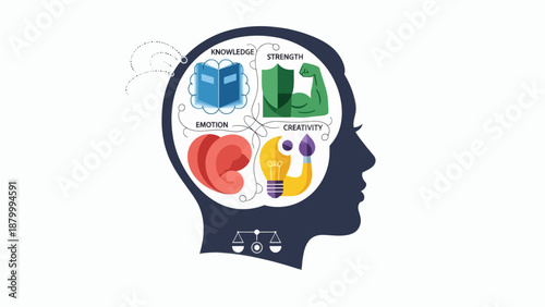 Human Mind Brain Concept With Four Pillars Of Life.