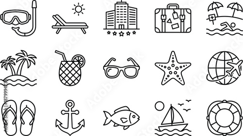 Black And White Vector Icon Set Of Summer Beach Vacation Featuring Snorkeling Mask Tropical Island Palm Trees Hotel Resort Suitcase Sunglasses And Nautical Symbols