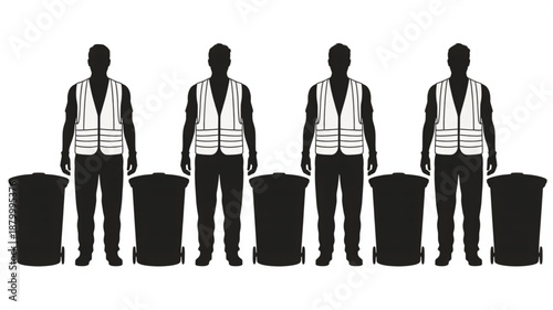 Waste Management Workers Standing with Trash Bins Vector Illustration