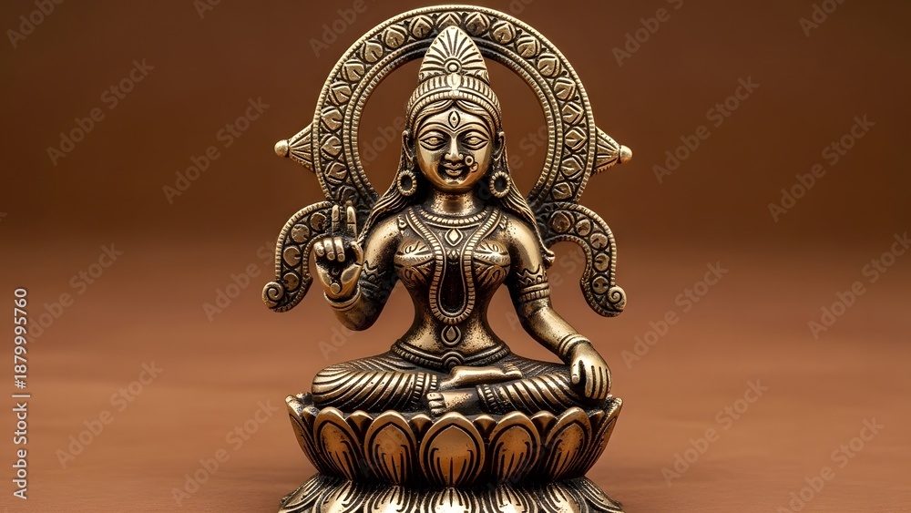 Fototapeta premium Golden brass statue of Hindu goddess Saraswati seated in lotus pose on lotus pedestal