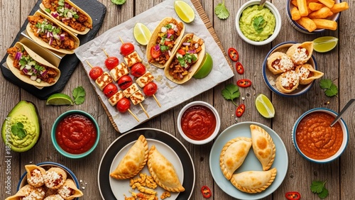 Wallpaper Mural Authentic Mexican feast with tacos empanadas grilled skewers guacamole and salsa on wooden table Torontodigital.ca