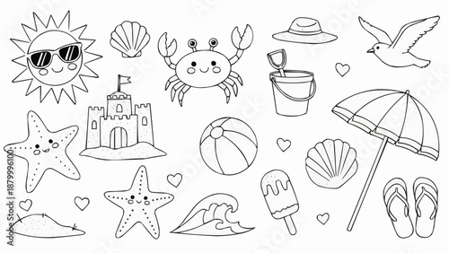 Cute Summer Beach Elements Doodle Collection.
