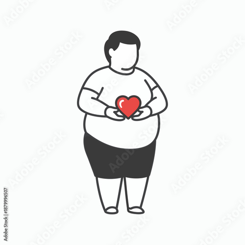 Obese person holding a red heart symbol in their hands.