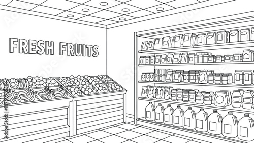 Fresh Fruits And Grocery Store Produce Aisles With Shelves Of Dairy And Goods