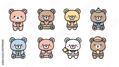 Cute cartoon teddy bears in various outfits and poses.