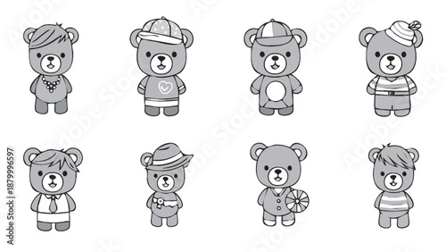 Cute cartoon teddy bears with different outfits and accessories.