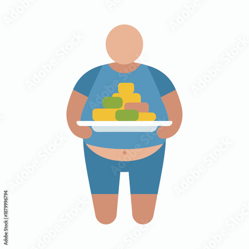 Overweight person holding a plate of food unhealthy eating concept.