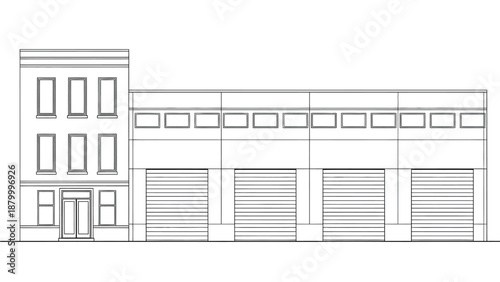 Architectural Sketch Of A Mixed-Use Building With Retail Front And Large Industrial Doors