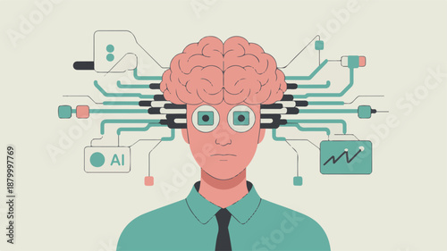 Abstract vector illustration representing the intricate connection between artificial intelligence, human thought, and advanced technology in the digital age