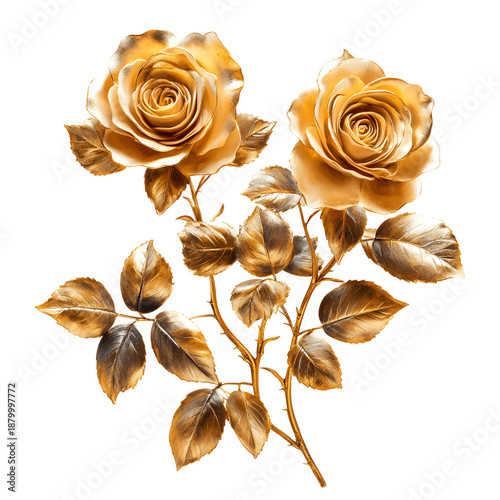 Two detailed gold roses on transparent background