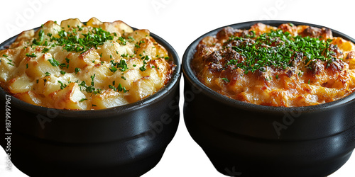 Two dishes of asian food in dark bowls