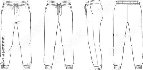 Technical fashion flat sketch of jogger pants with drawstring waist, ribbed cuffs, and pocket details in multiple garment views.