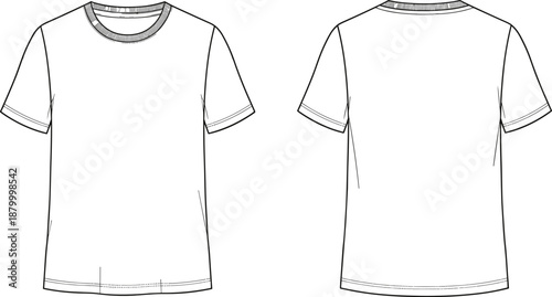 Technical fashion sketch of basic short-sleeve crew neck t-shirt with stitching details in front and back views.