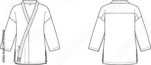 Technical fashion flat sketch of wrap-style top with long sleeves, V-neck, tie closure, and back yoke for apparel design