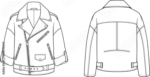 Technical fashion sketch of biker jacket with asymmetrical zipper, lapel collar, zip pockets, and belted waist in front and back views.