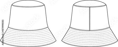 Technical fashion sketch of bucket hat with rounded crown, wide brim, and concentric stitching in front and back views.