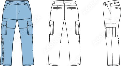 Technical fashion sketch of cargo pants with flap pockets, belt loops, and seam details in front, back, and side views.