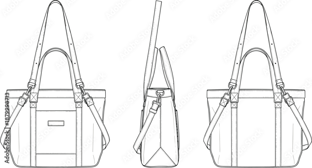 Obraz premium Technical fashion sketch of handbag with front, side, and back views showing straps, pocket, stitching, and structural details.