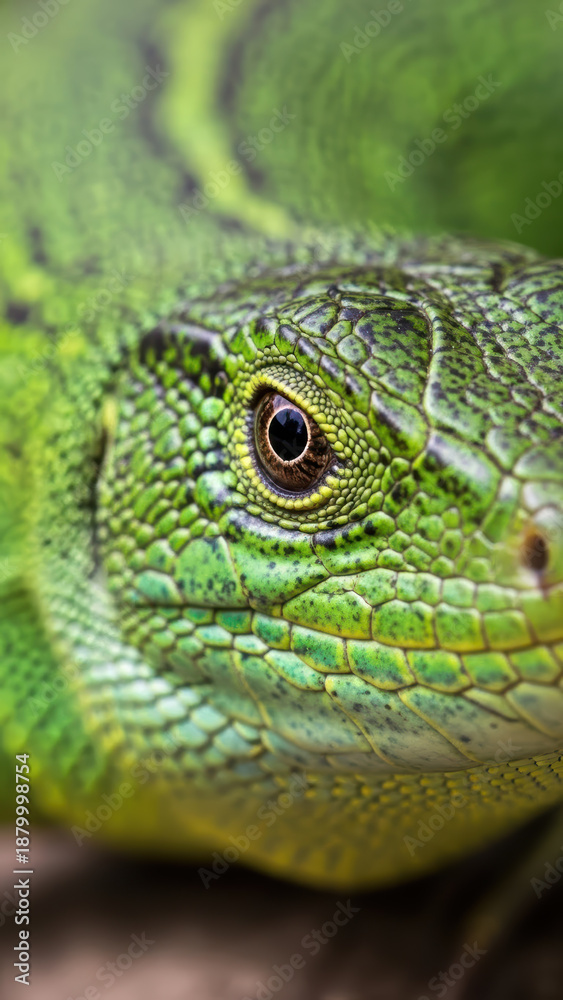 Fototapeta premium Close-up of a green lizard's head with detailed scales