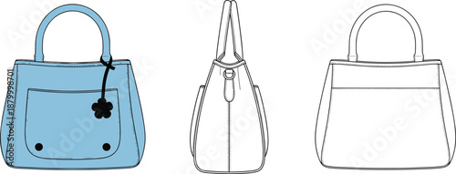 Technical fashion sketch of handbag with front, side, and back views for product design, retail catalog, and construction reference