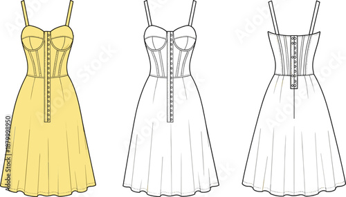 Technical fashion sketch of ruched button-front dress with structured bodice, flared skirt, straps, front and back views.