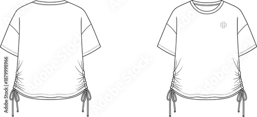 Technical fashion sketch of ruched drawstring short-sleeve T-shirt with round neckline, relaxed fit, front and back views.