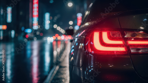 Car with illuminated taillights in urban night setting