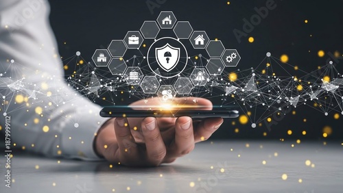 Hand holds a smartphone, from which a glowing shield icon emerges, surrounded by a complex network of hexagonal digital security symbols.