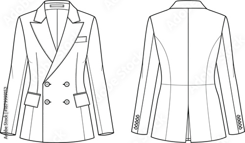 Technical fashion sketch of tailored double-breasted blazer with notched lapel, flap pockets, and princess seams in front and back views.