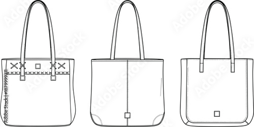 Technical fashion sketches of tote bags with decorative stitching, square details, and seam variations in front-facing line drawings.