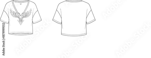 Technical sketch of women’s cropped T-shirt with V-neck front graphic and plain back view for fashion design reference