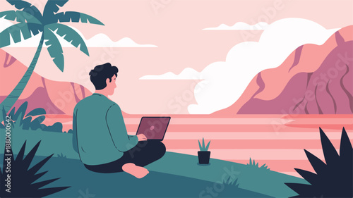 Man working on laptop in beautiful tranquil scenic landscape with palm trees and mountains, remote work concept
