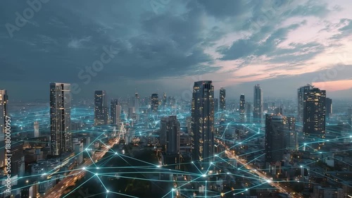 Futuristic cityscape digital network skyscraper technology urban modern evening cloud illuminated skyline with glowing lines, smart city connected infrastructure innovation, vibrant urban progress