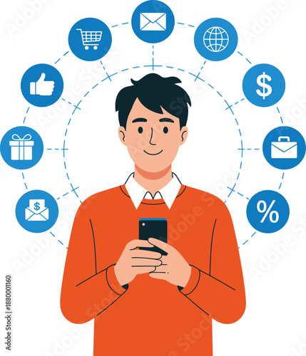 Young man using smartphone with digital marketing icons, mobile communication, online shopping, email, social media, fintech services, modern flat illustration concept