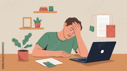 Overworked individual experiencing burnout while working remotely from home, feeling exhausted and stressed by tasks