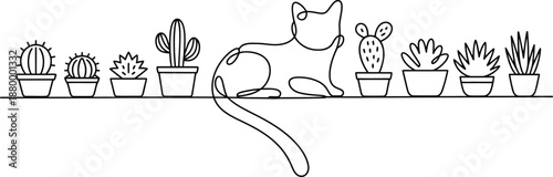 Continuous one line drawing of cute cactus houseplants with cat and watering can on window sill, black and white vector