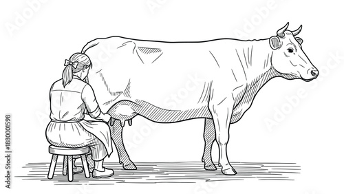 Milking a Cow: Woman Seated on Stool Milks A Large Dairy Cow in Farm Scene