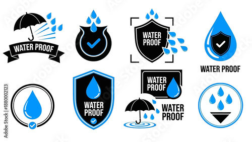 Collection of waterproof emblems and icons representing protection and durability against water elements